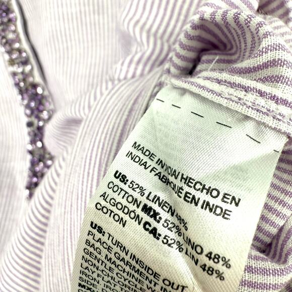 Chicos MEDIUM 1 8/10 LINEN BLEND Purple Stone Accent Long Line Shirt Top Tunic - Picture 9 of 10